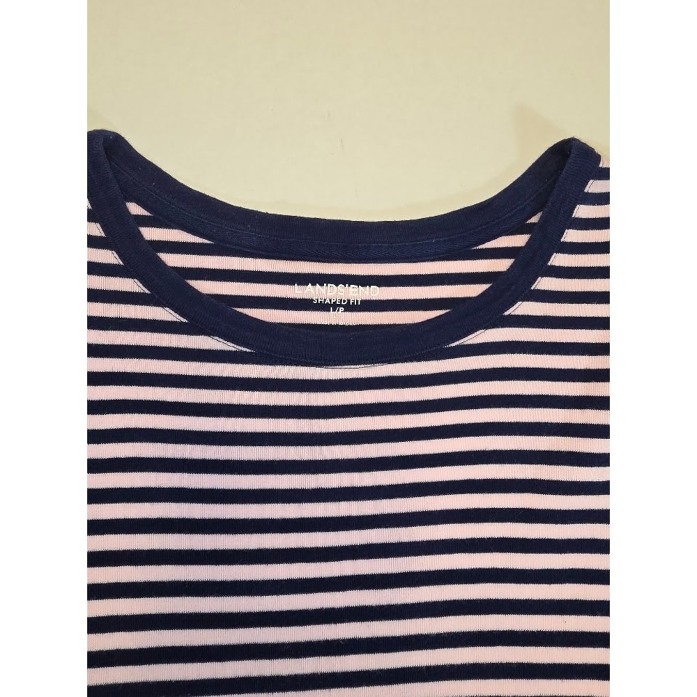 Lands' End Striped T-Shirt Women's‎ L/P Petite Pink Navy Blue Short Sleeve L - Picture 2 of 5